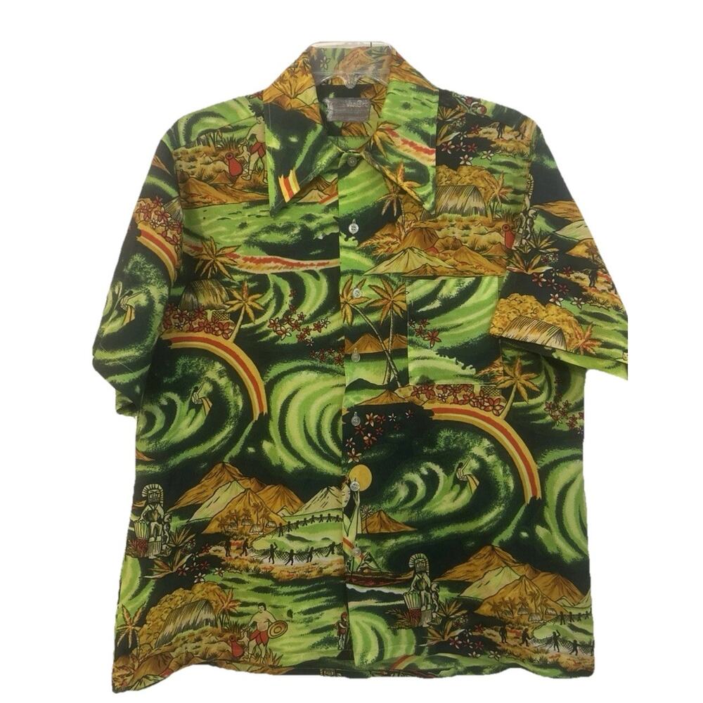 Vtg 1970s Van Cort Men‎ Sz Large Shirt Psychedelic Hawaiian Print Pointed Colla